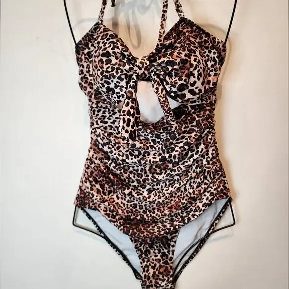 New Cheetah Print One Piece Swimsuit Animal Print Halter Tie 682 Size M - Picture 2 of 9